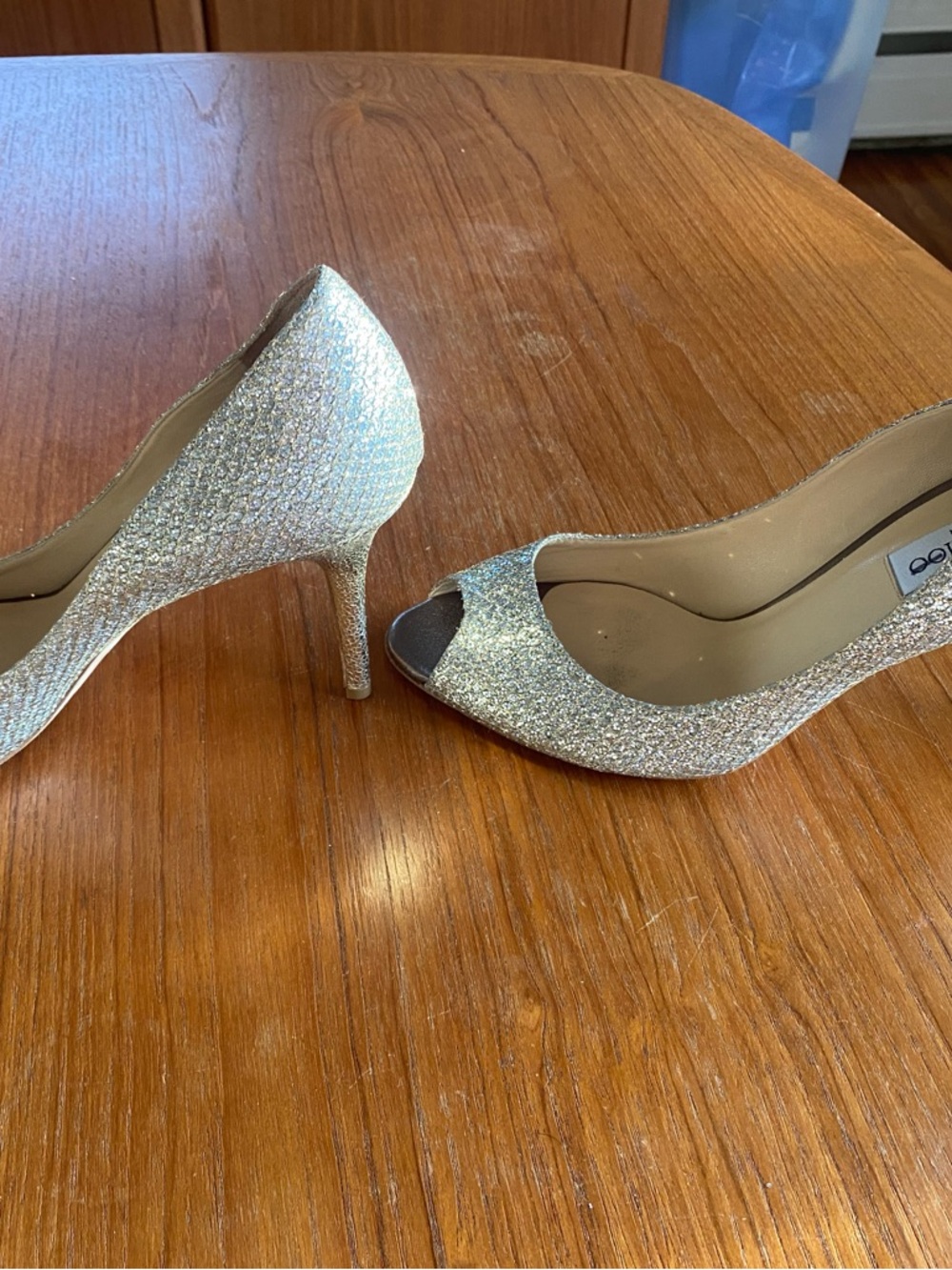 Jimmy Choo Silver Glitter Peep Toe Pumps - Picture 2 of 7